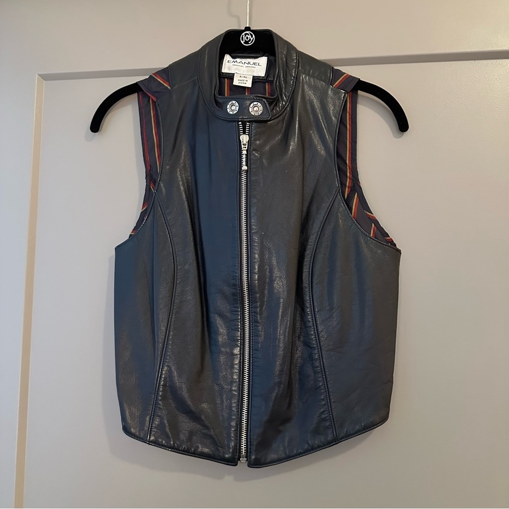 EMANUAL Black Leather Vest with Striped Accents